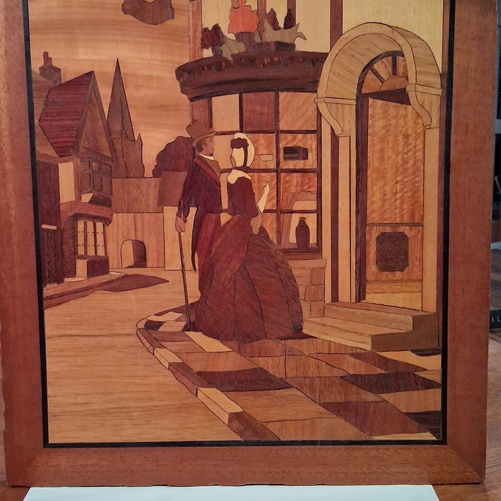 Vintage Style Wood Inlay Art Panel in Brown and Tan